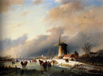 Skating Figuren auf einem gefrorenen Fluss Landschaft Jan Jacob Coenraad Spohler Ölgemälde
